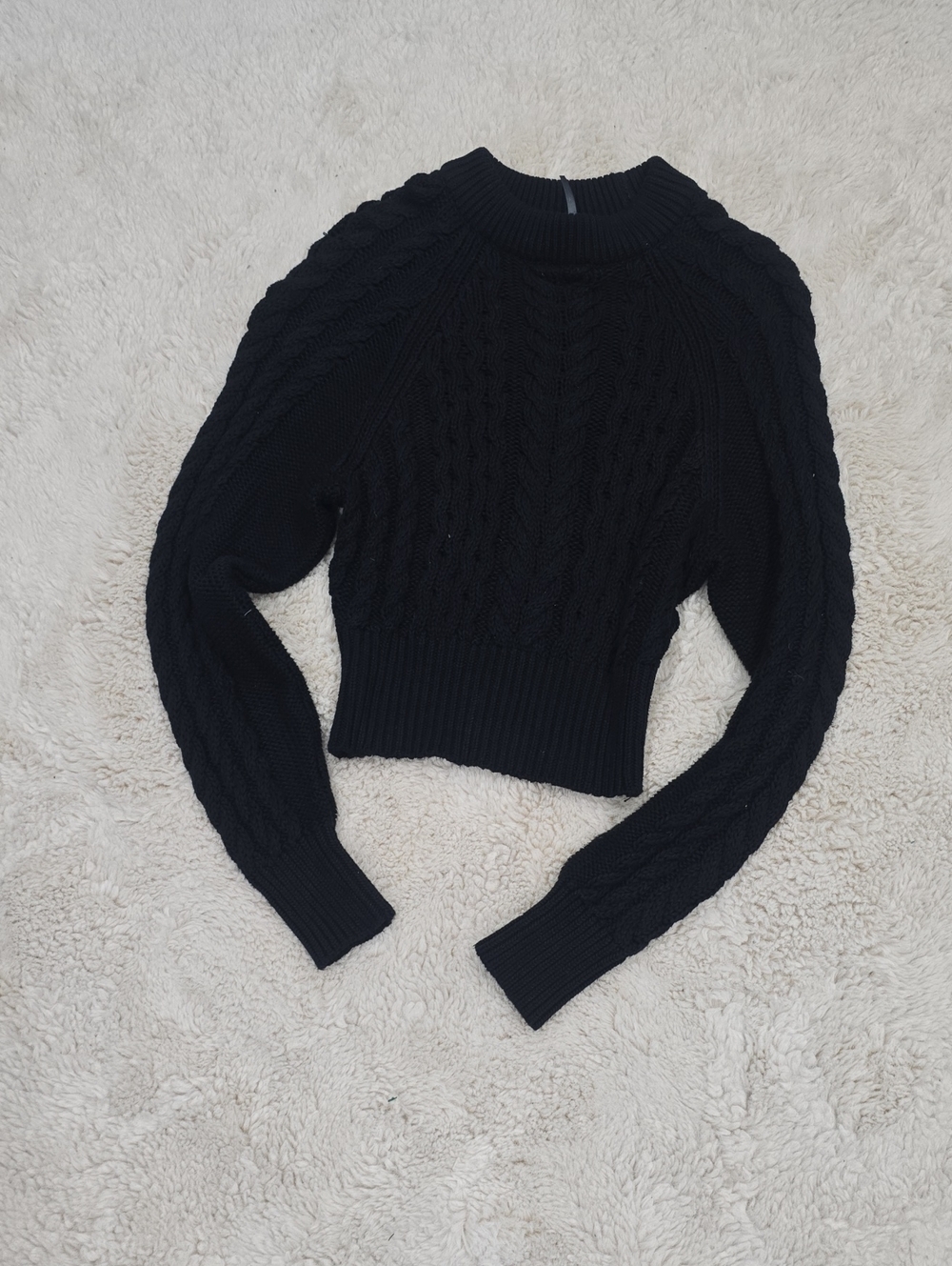 Anthropologie Black Cable-Knit Cropped Crew Sweater